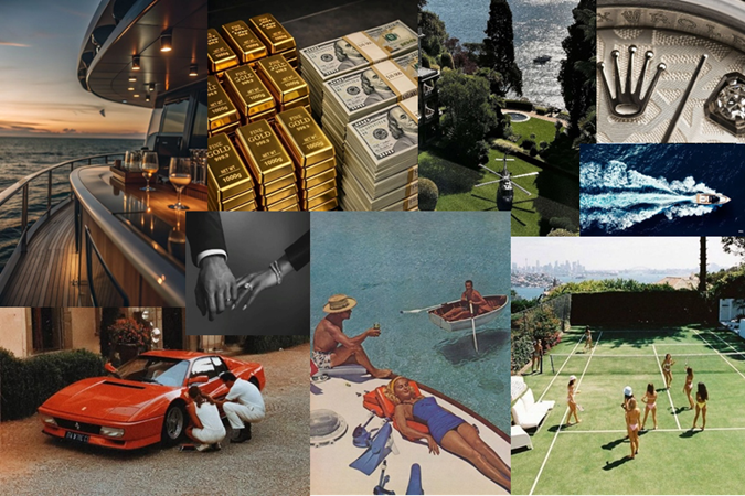 Delusional Optimism vision board collage of luxury goals: a yacht, gold bars, cash, a Rolex, a Ferrari, and a tennis match